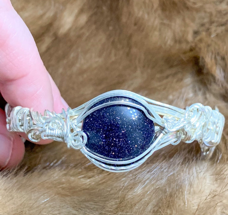 Blue Goldstone Sterling Silver Wire Wrapped Bracelet
