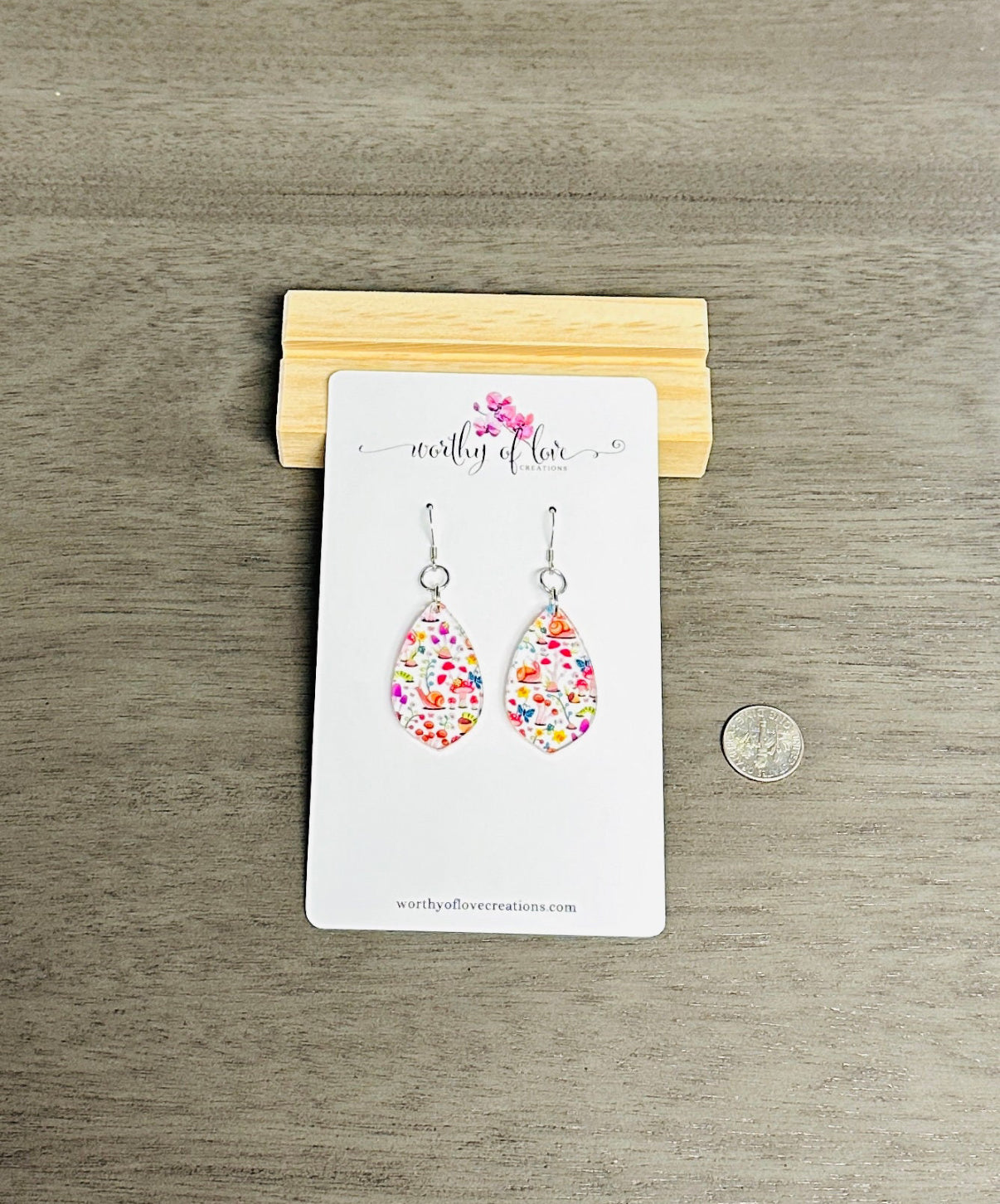 Snail and mushroom print earrings, stainless steel hypoallergenic earrings, mushroom earrings, snail earrings, caterpillar earrings