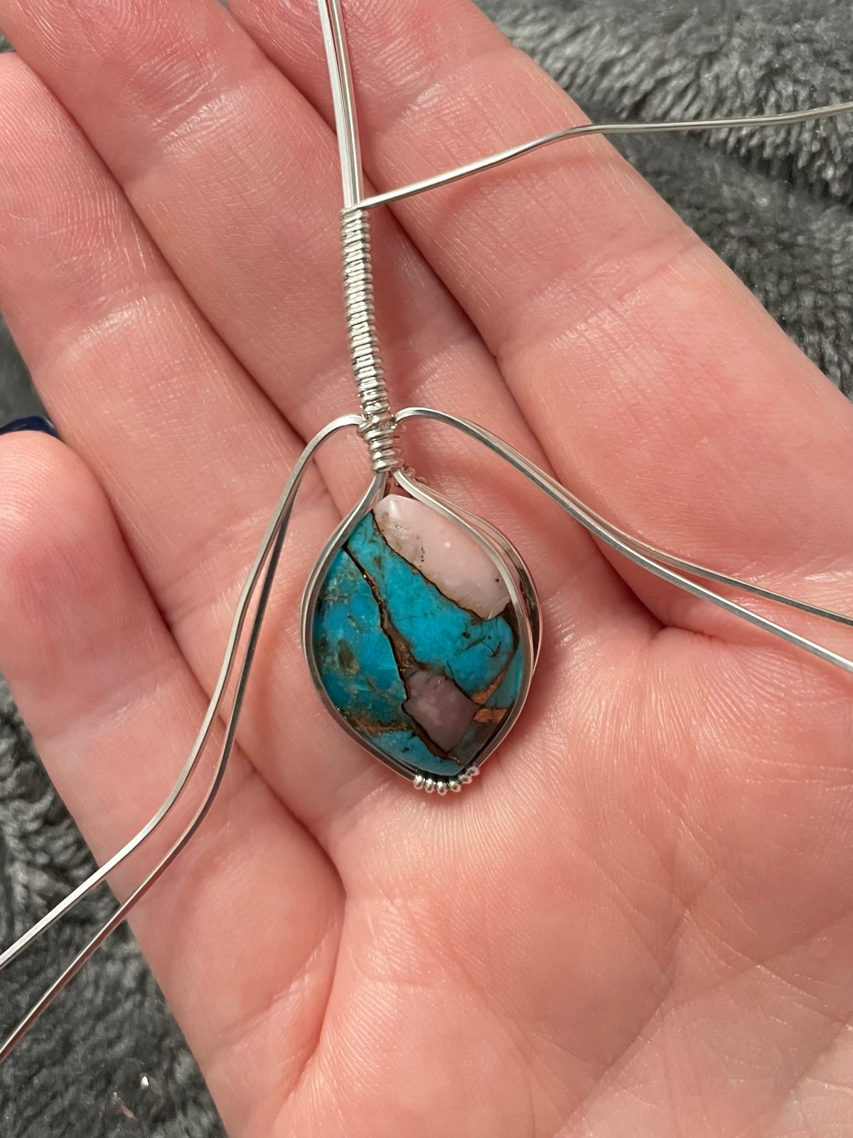 Kingman turquoise and pink Peruvian opal sterling silver wire wrapped pendant necklace