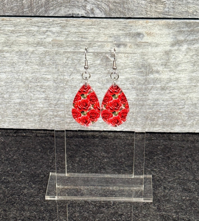 red rose earrings stainless steel and acrylic