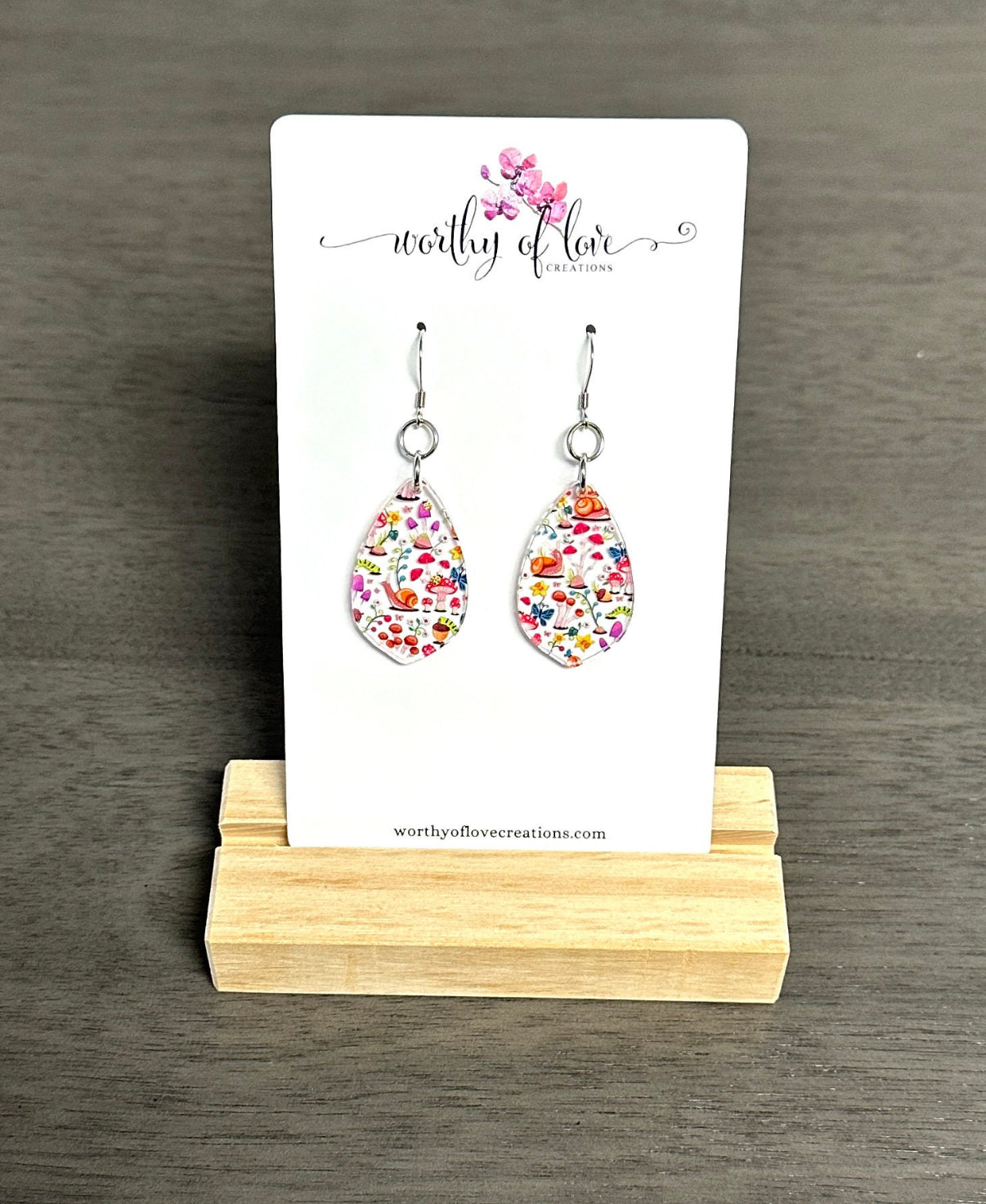Snail and mushroom print earrings, stainless steel hypoallergenic earrings, mushroom earrings, snail earrings, caterpillar earrings