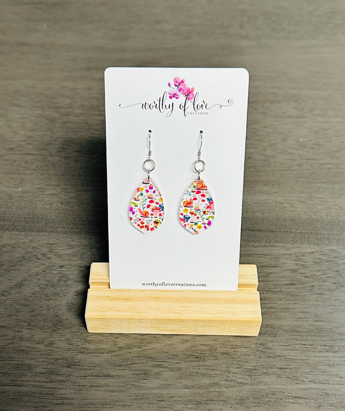 Snail and mushroom print earrings, stainless steel hypoallergenic earrings, mushroom earrings, snail earrings, caterpillar earrings