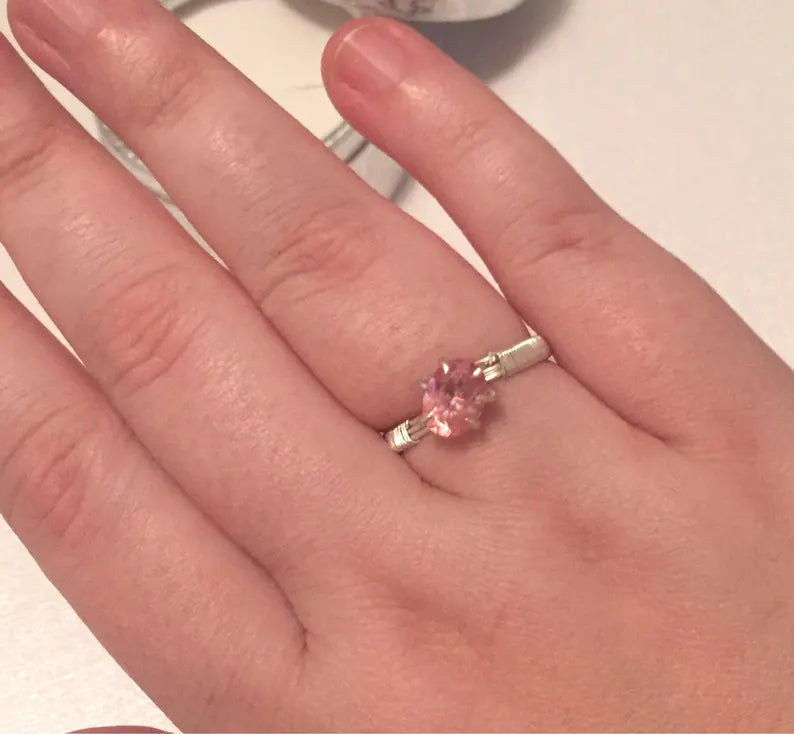 Pink mystic topaz oval gemstone and argentium sterling silver ring