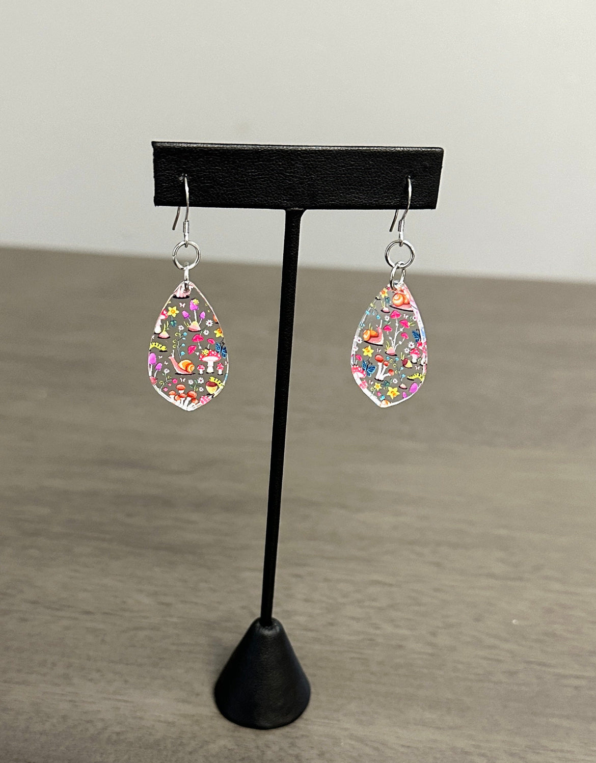 Snail and mushroom print earrings, stainless steel hypoallergenic earrings, mushroom earrings, snail earrings, caterpillar earrings
