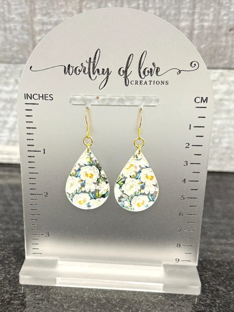 White floral print gold plated stainless steel earrings