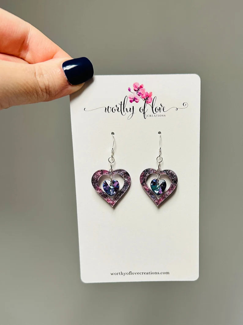 Galaxy Heart Crystal sterling silver earrings, Valentines Day earrings