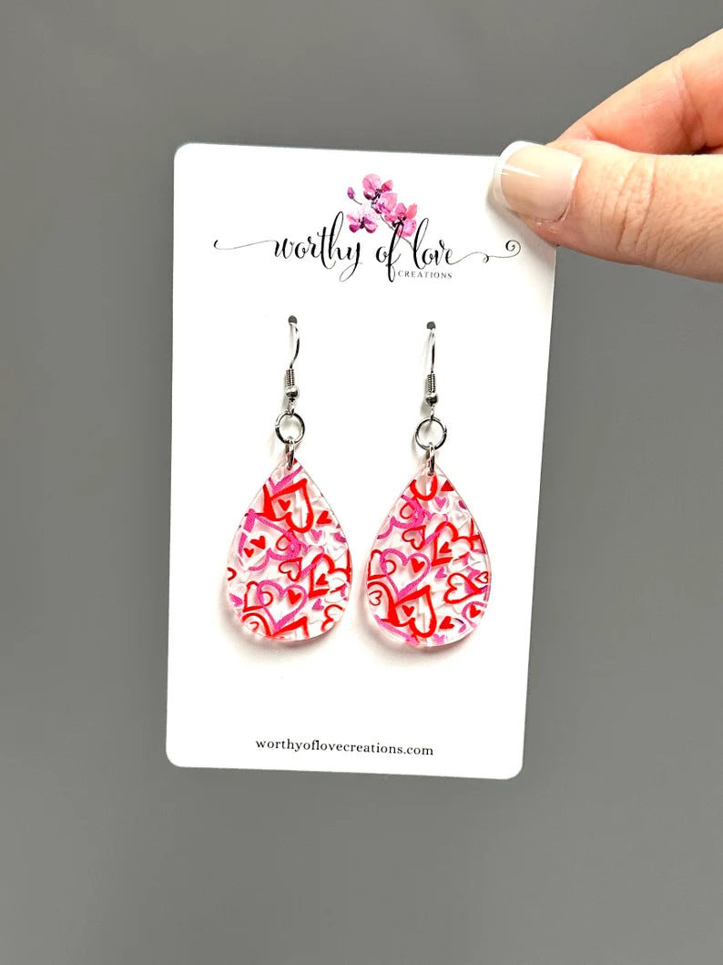Mixed heart print teardrop red pink and white stainless steel statement earrings