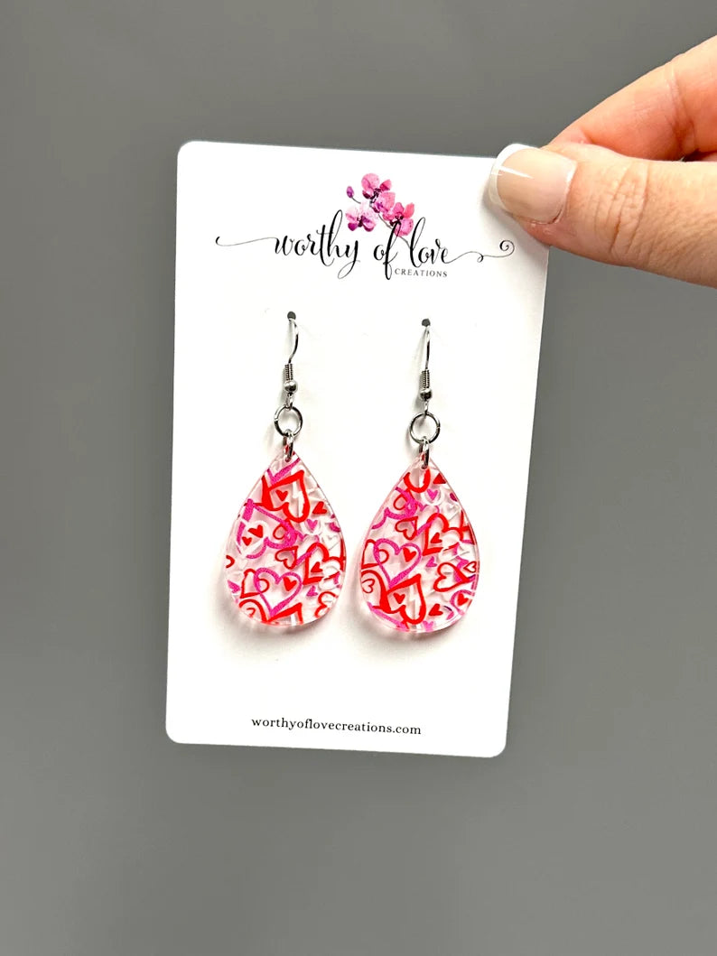 Mixed heart print teardrop red pink and white stainless steel statement earrings