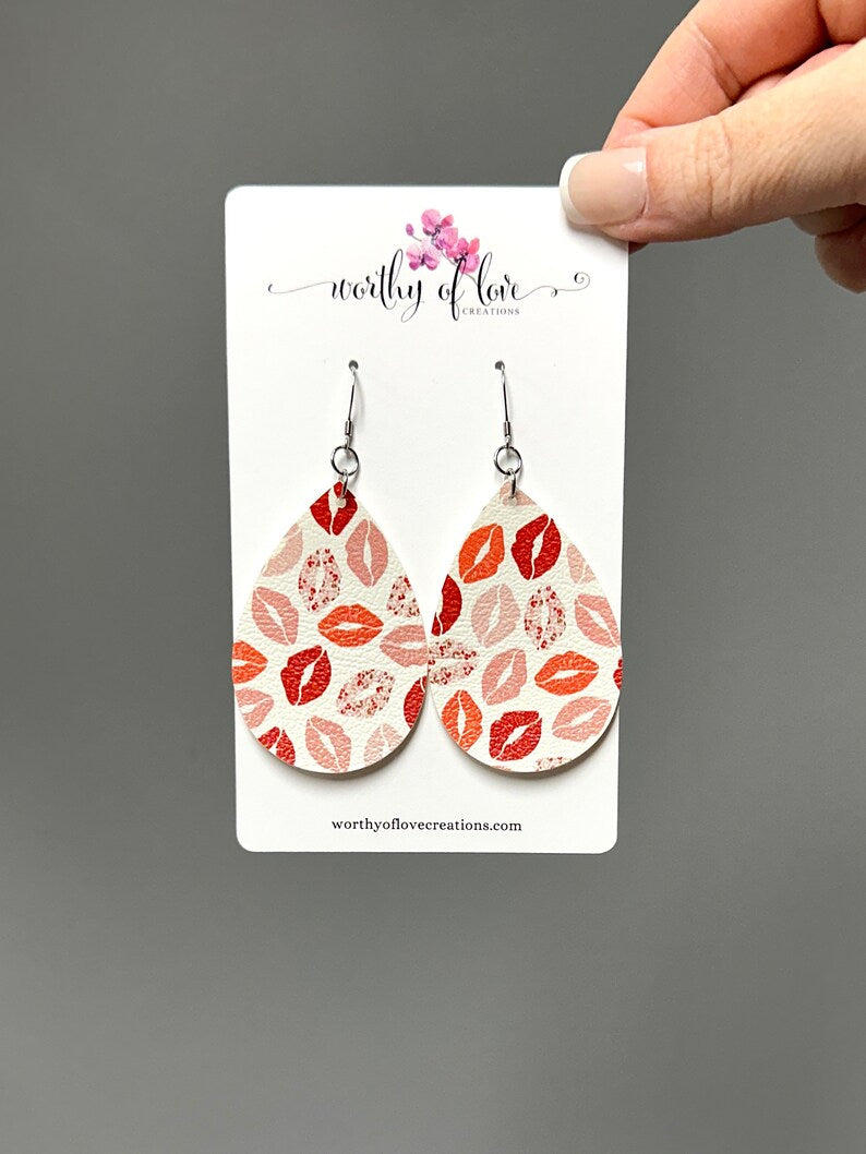 Valentine’s Day Kisses print faux leather stainless steel statement earrings