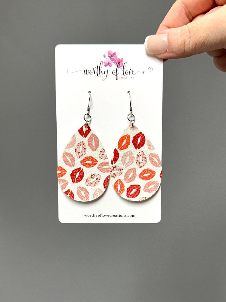 Valentine’s Day Kisses print faux leather stainless steel statement earrings