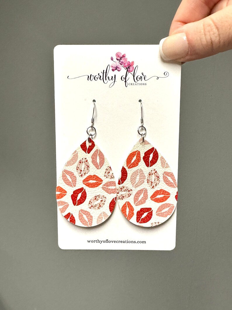 Valentine’s Day Kisses print faux leather stainless steel statement earrings