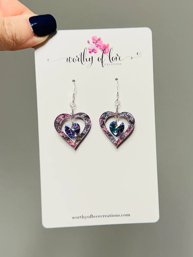 Galaxy Heart Crystal sterling silver earrings, Valentines Day earrings