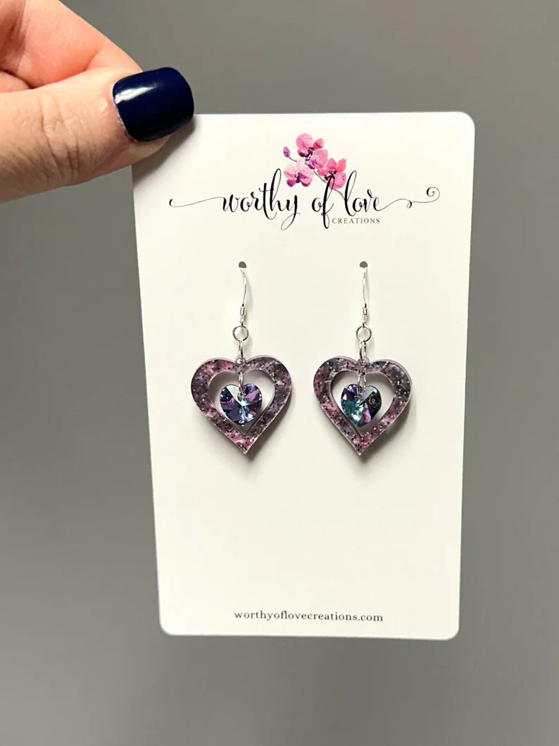 Galaxy Heart Crystal sterling silver earrings, Valentines Day earrings