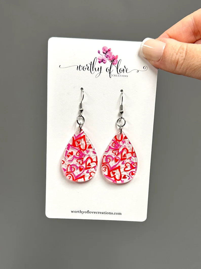Mixed heart print teardrop red pink and white stainless steel statement earrings