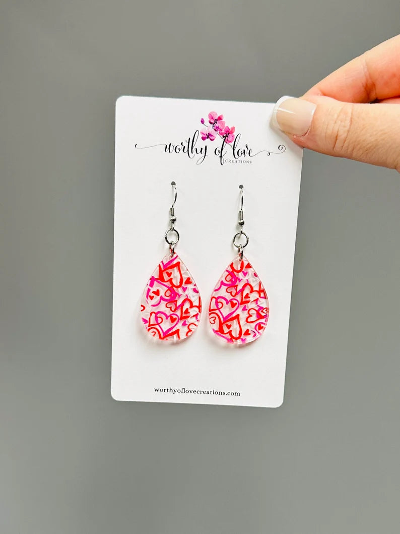 Mixed heart print teardrop red pink and white stainless steel statement earrings