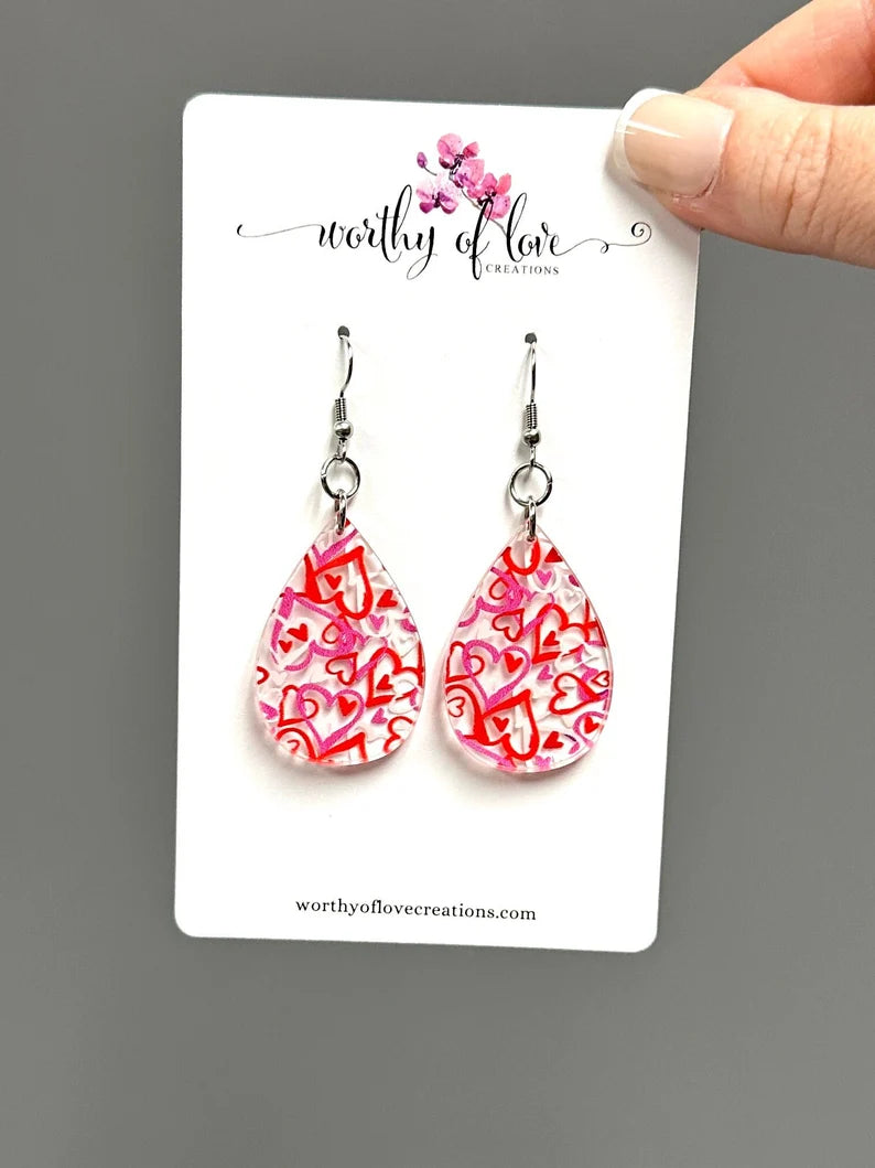 Mixed heart print teardrop red pink and white stainless steel statement earrings
