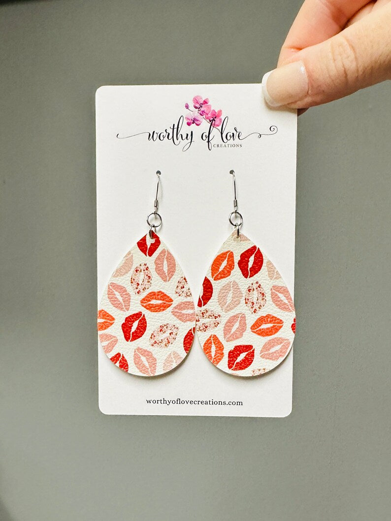 Valentine’s Day Kisses print faux leather stainless steel statement earrings