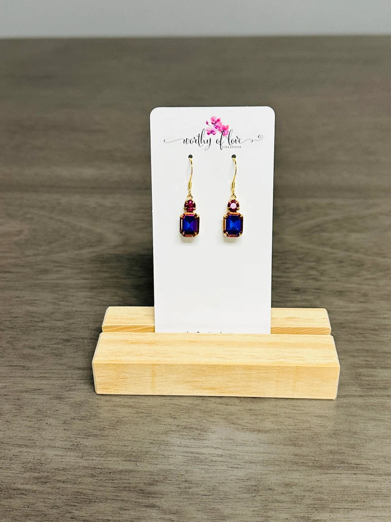 Crystal violet blue aurora borealis and fuchsia crystal gold plated earrings