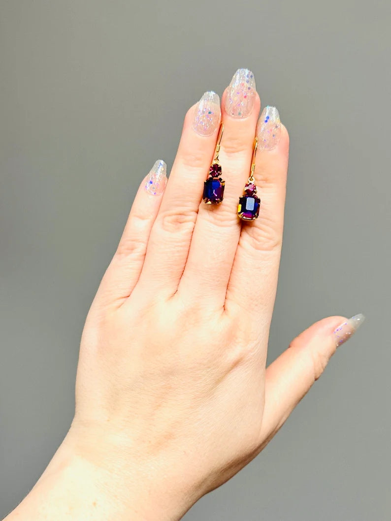 Crystal violet blue aurora borealis and fuchsia crystal gold plated earrings