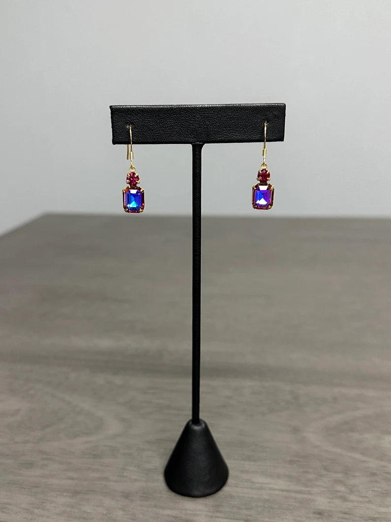 Crystal violet blue aurora borealis and fuchsia crystal gold plated earrings