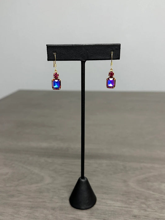 Crystal violet blue aurora borealis and fuchsia crystal gold plated earrings