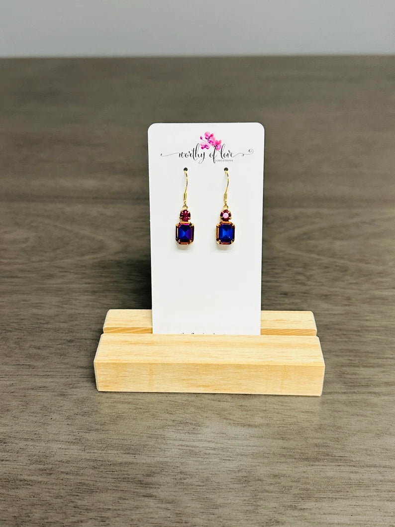 Crystal violet blue aurora borealis and fuchsia crystal gold plated earrings