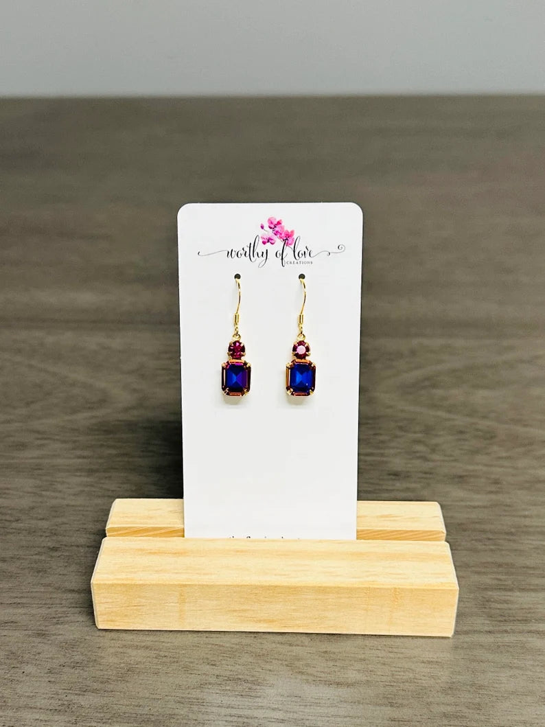 Crystal violet blue aurora borealis and fuchsia crystal gold plated earrings