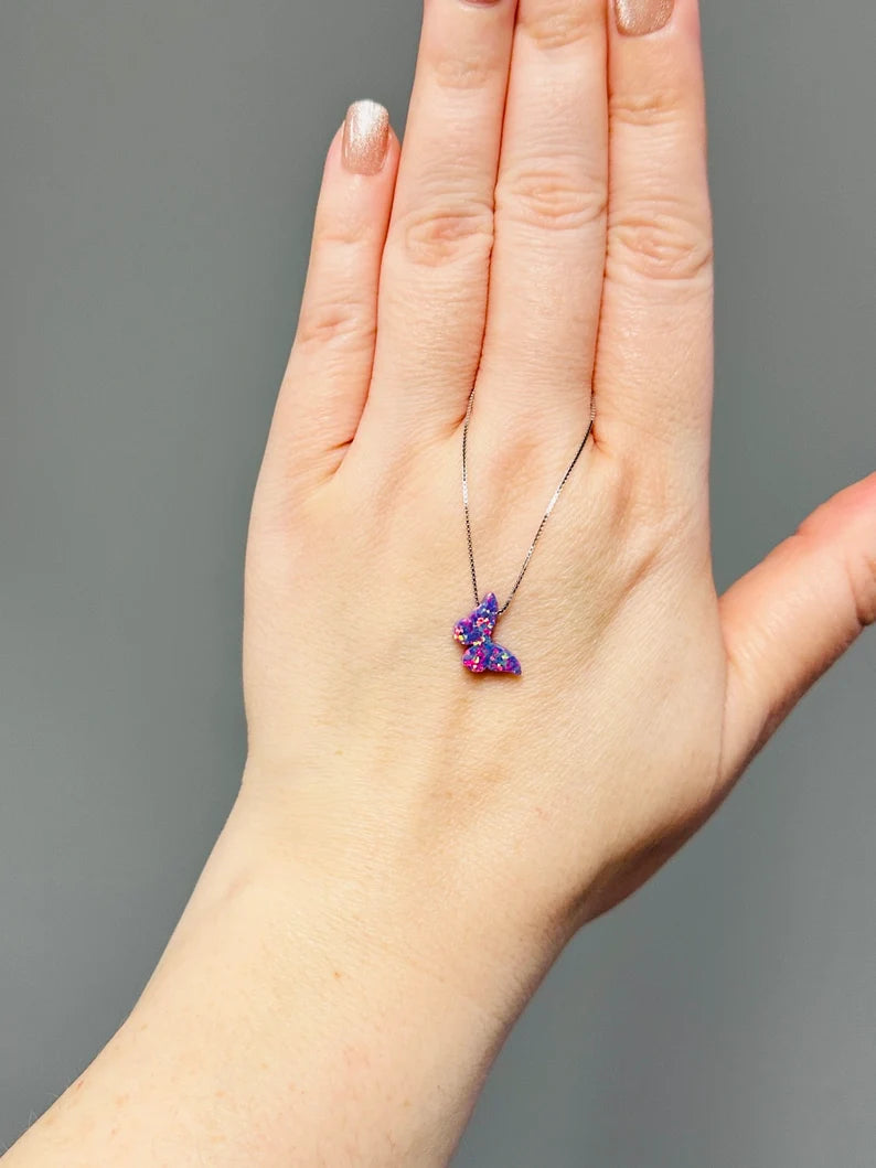 fire opal butterfly necklace in purple with a sterling silver chain
