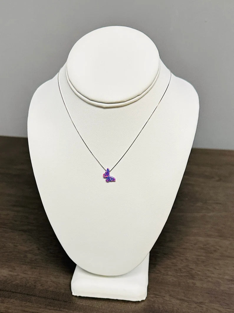 fire opal butterfly necklace in purple with a sterling silver chain