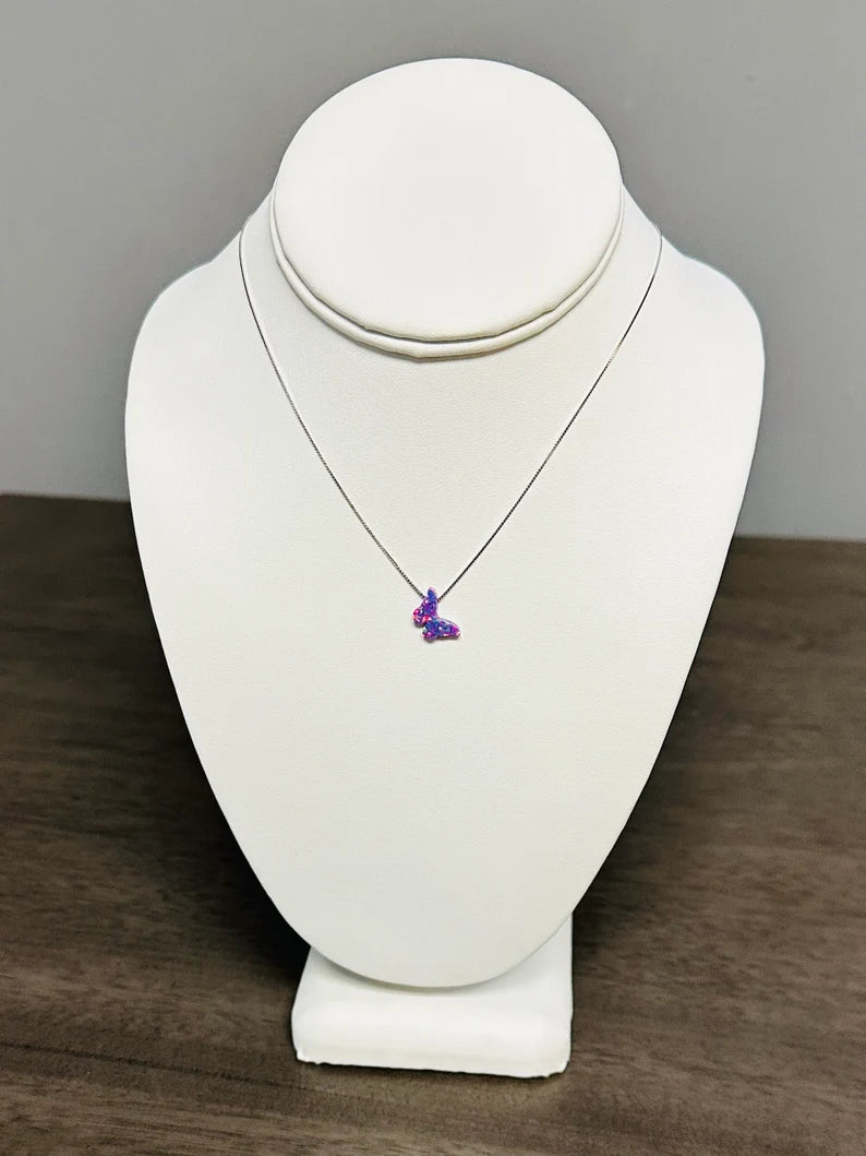 fire opal butterfly necklace in purple with a sterling silver chain