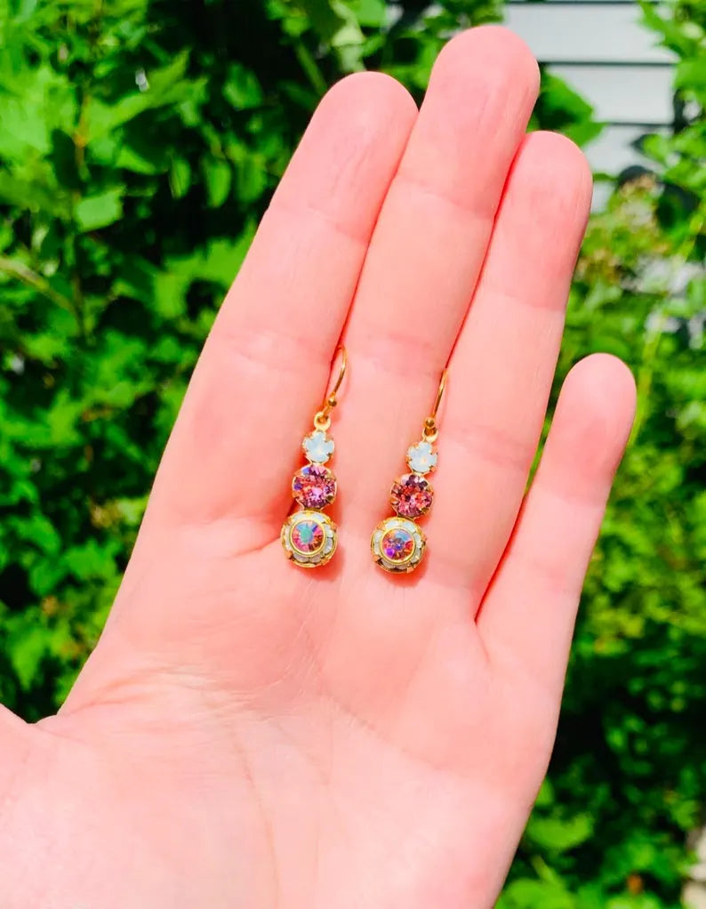 Austrian Crystal earrings in gold with white opal, light rose, and Aurora borealis light rose genuine Crystals/wedding earrings