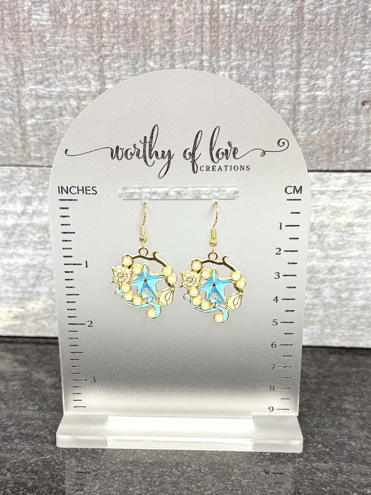 Blue Starfish & Seashell Earrings: Faux Pearl Ocean Jewelry