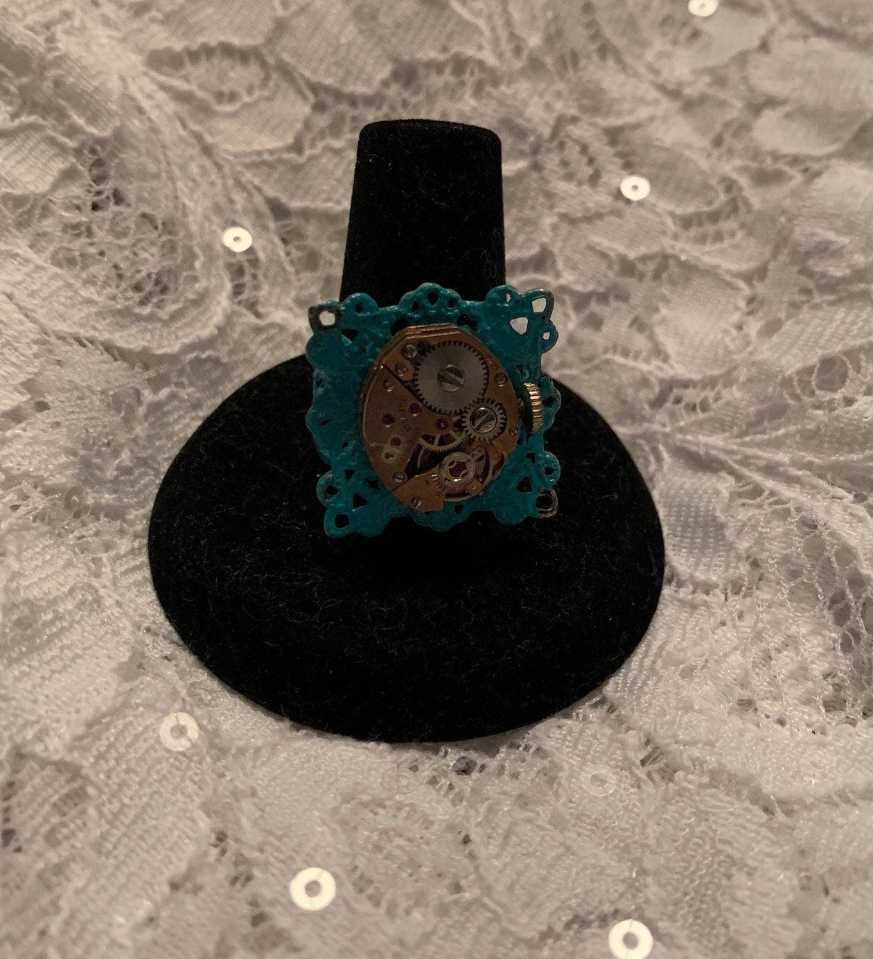 steampunk ring teal with vintage watch movement