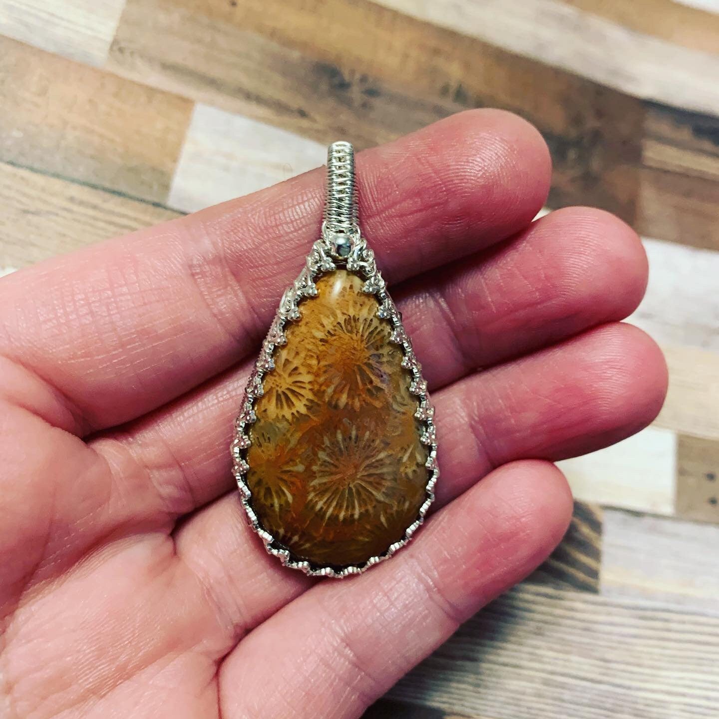 Fossilized Coral sterling silver pendant necklace SEE VIDEO