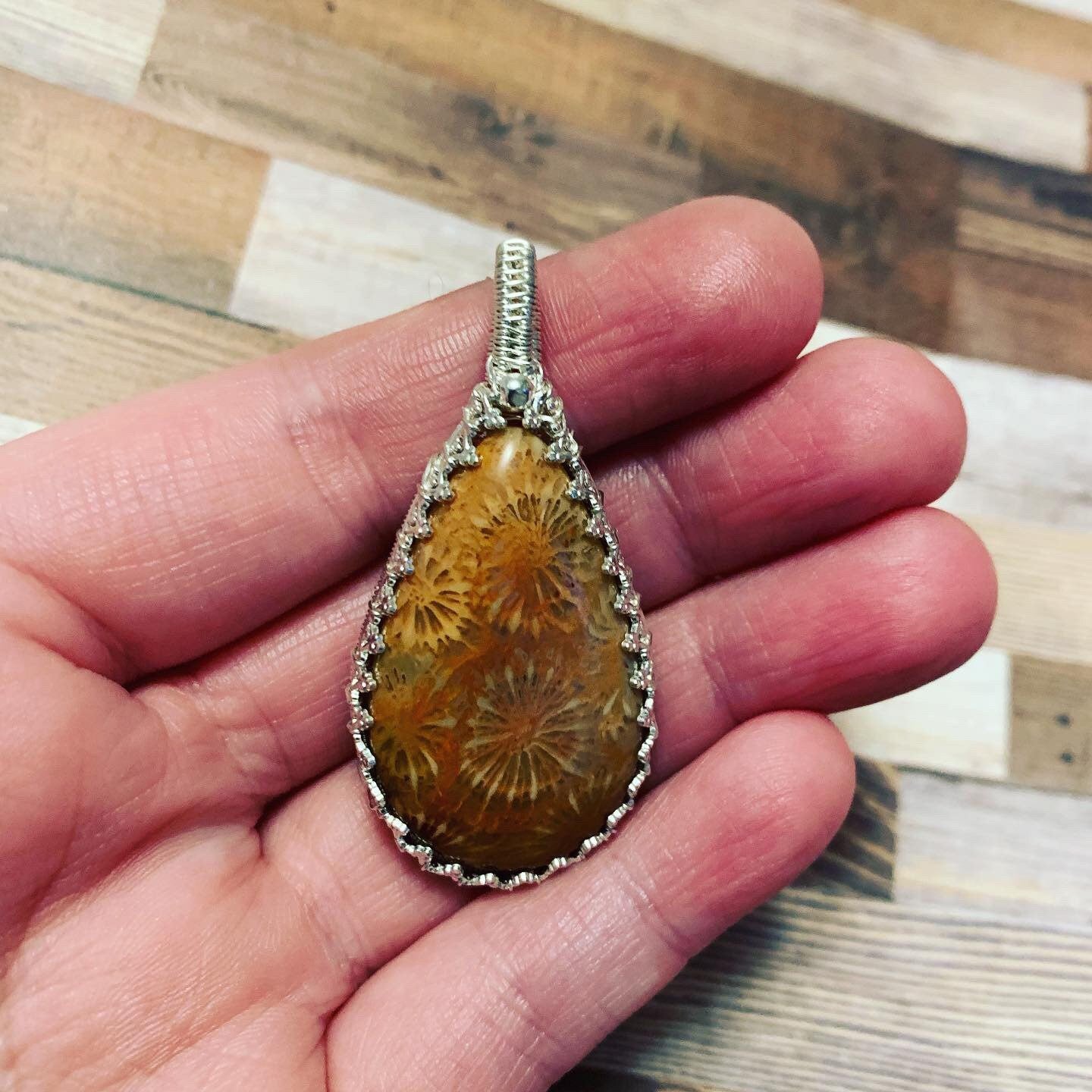 Fossilized Coral sterling silver pendant necklace SEE VIDEO