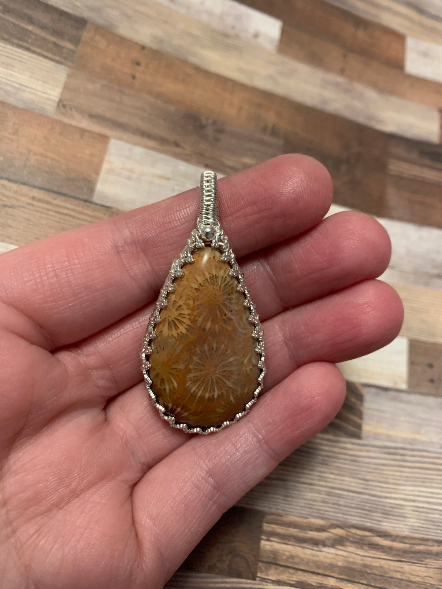 Fossilized Coral sterling silver pendant necklace SEE VIDEO
