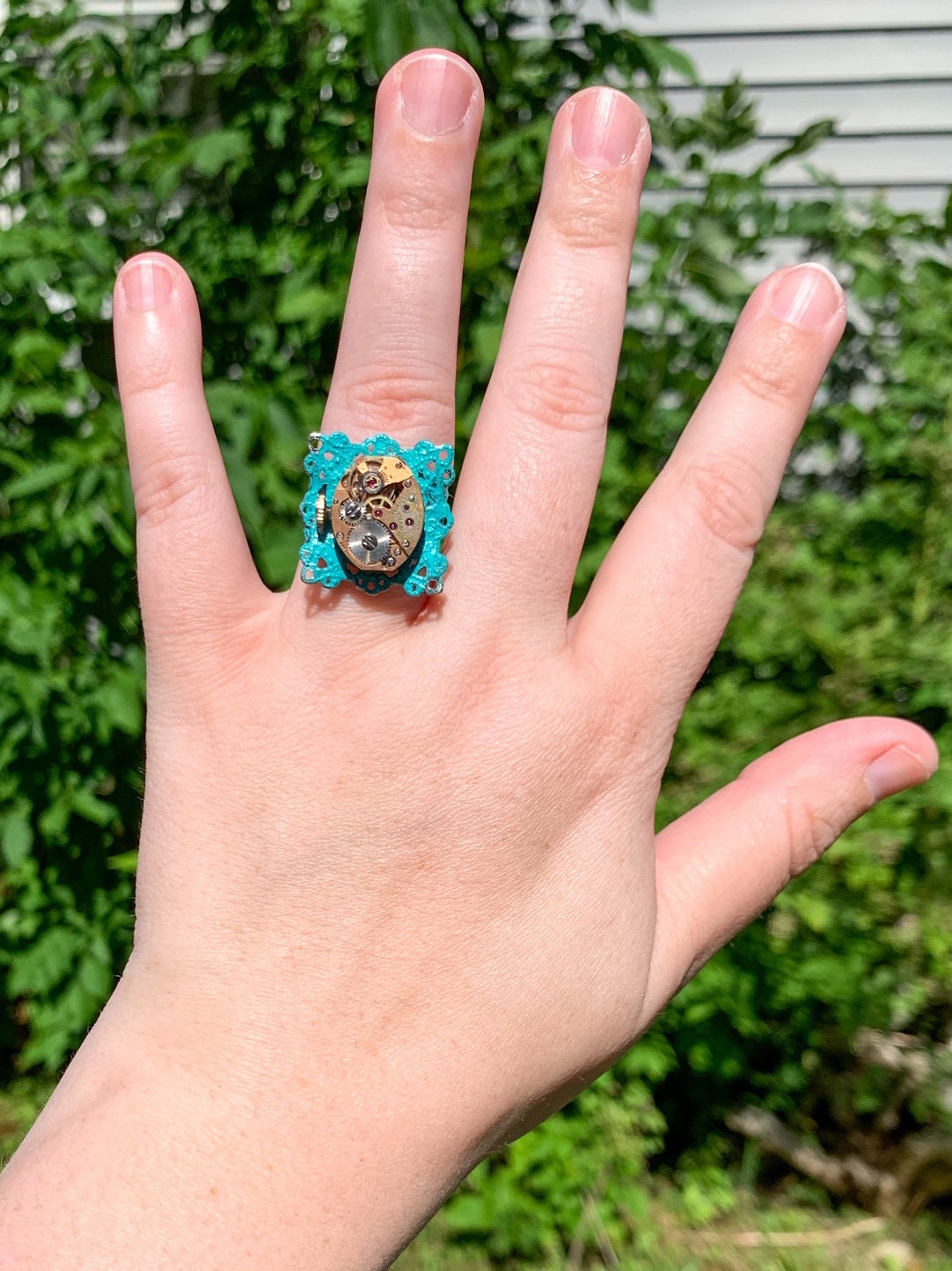 steampunk ring teal with vintage watch movement