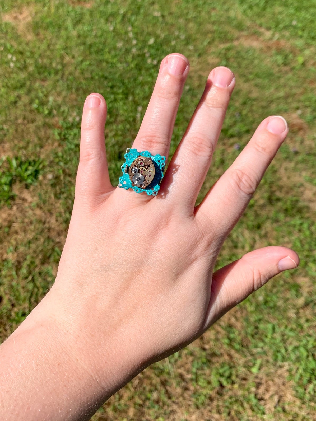 steampunk ring teal with vintage watch movement