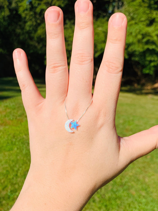 Opal moon and star necklace | sterling silver opal moon and star necklace | I love you to the moon and back necklace | SEE VIDEO