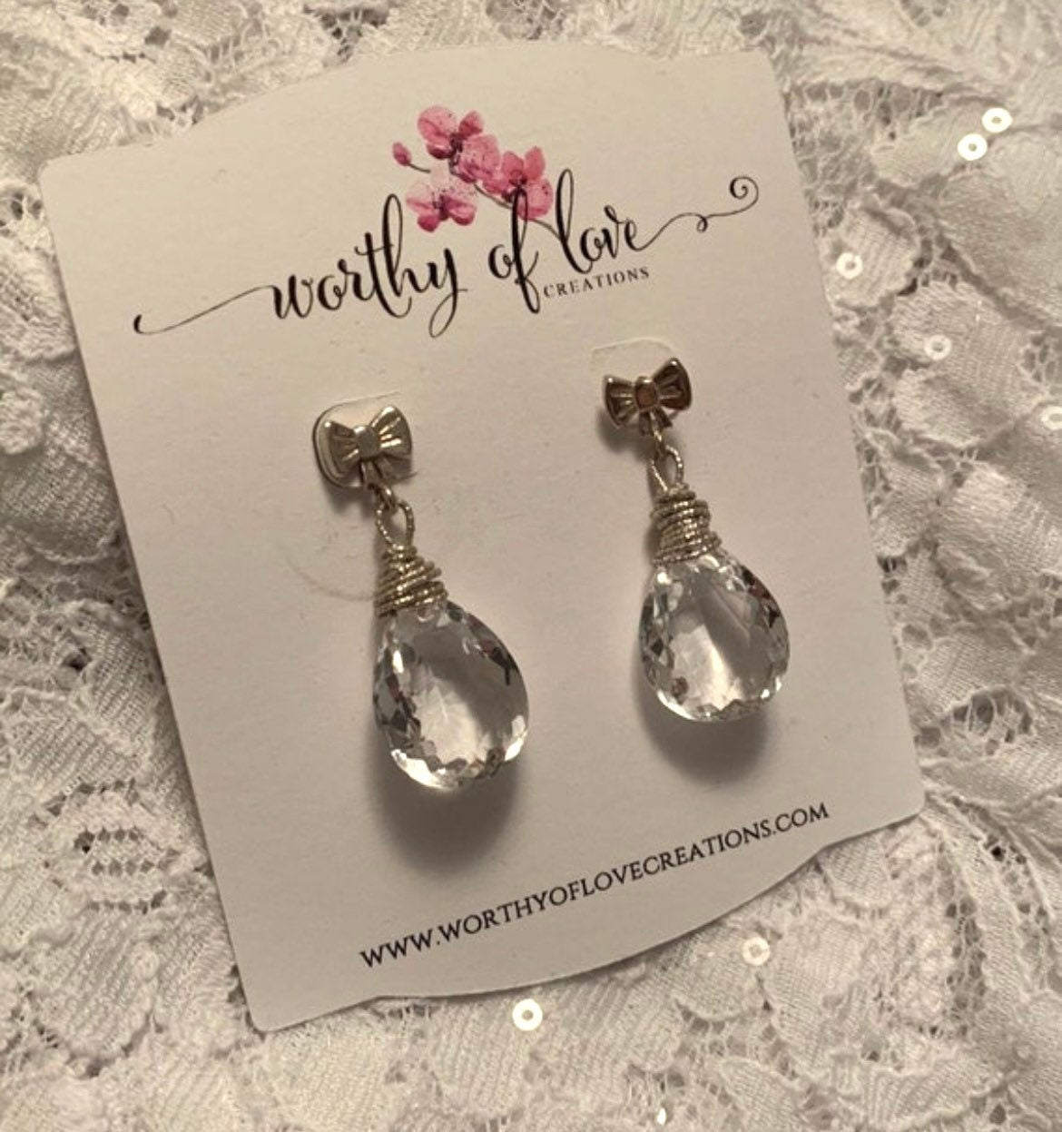 white topaz sterling silver bow earrings