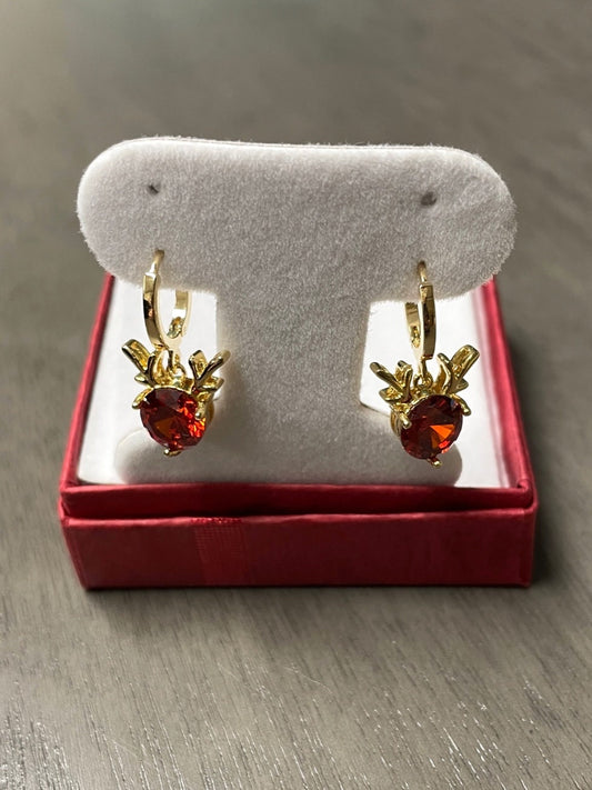 red cubic zirconia gold plated reindeer earrings