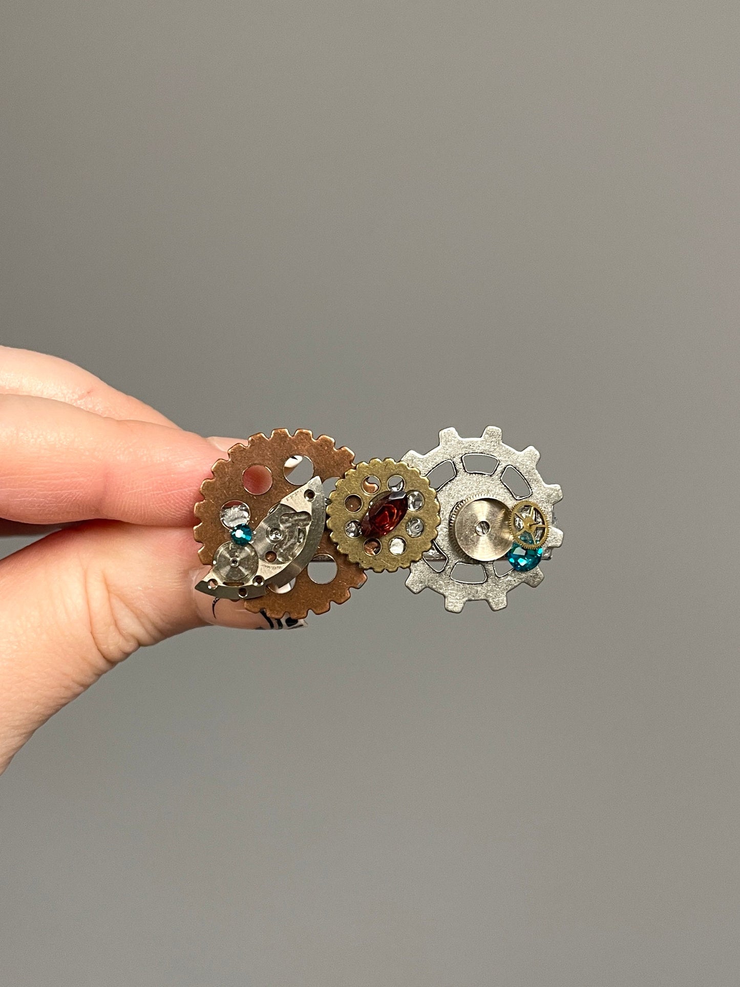 Steampunk hair clip with red garnet gemstone and Crystals