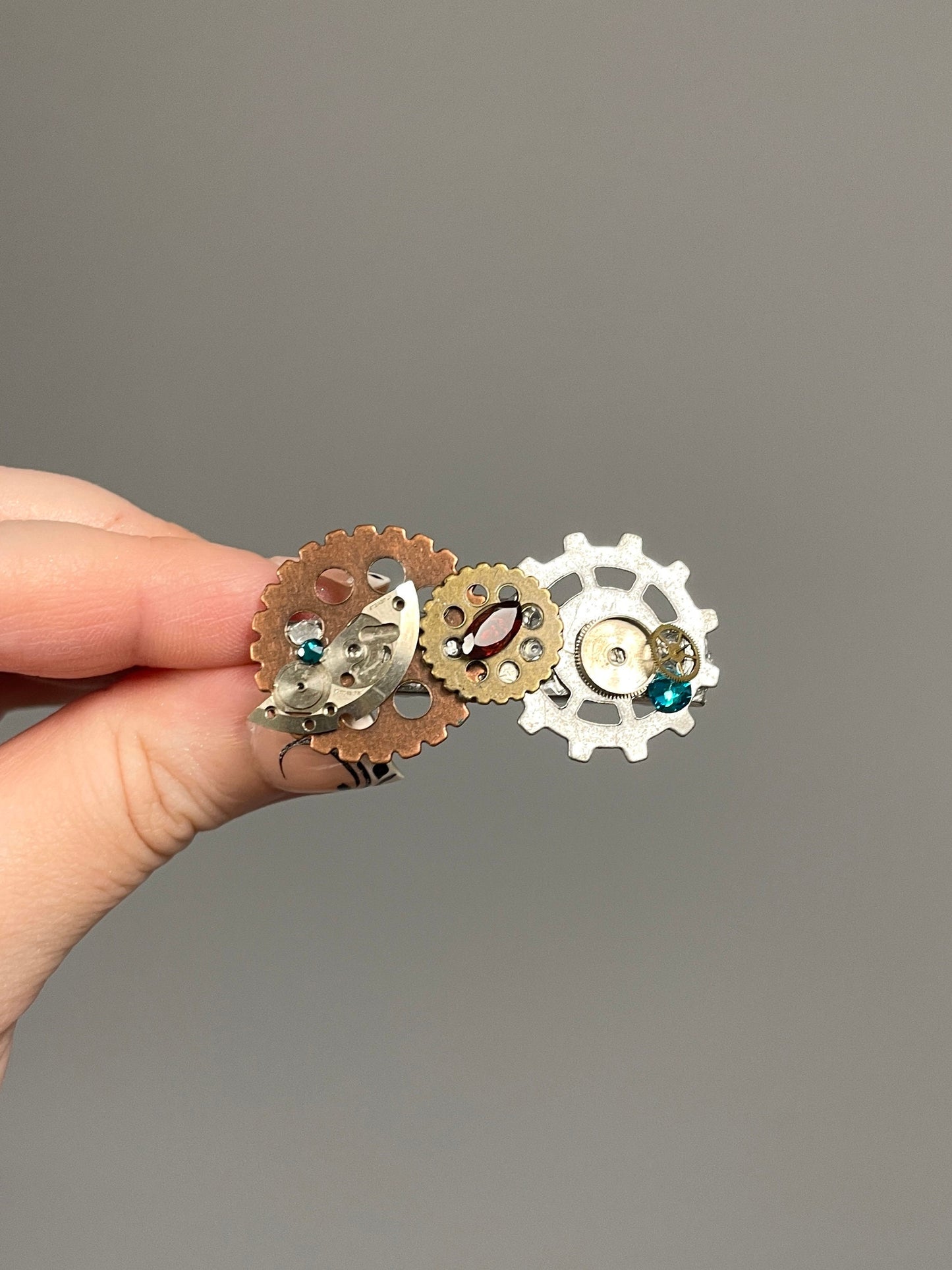 Steampunk hair clip with red garnet gemstone and Crystals