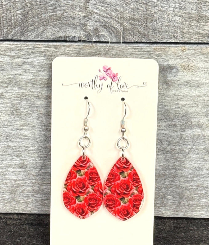 red rose earrings stainless steel and acrylic