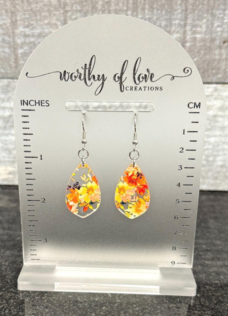 Autumn floral print earrings, stainless steel and acrylic flower earrings