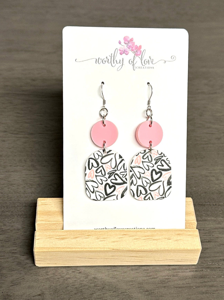 Pink and Black Heart Statement earrings, stainless steel earrings