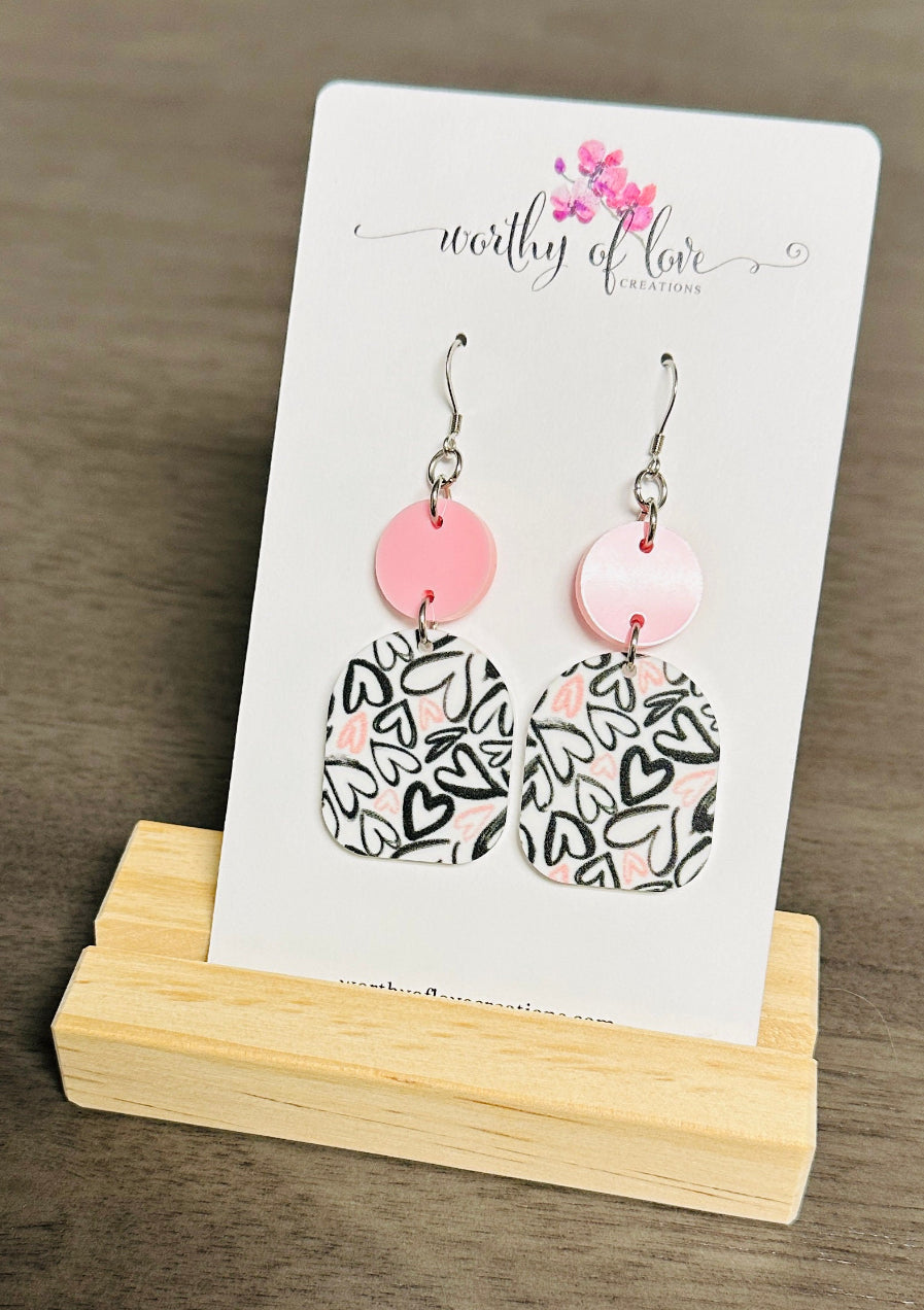 Pink and Black Heart Statement earrings, stainless steel earrings
