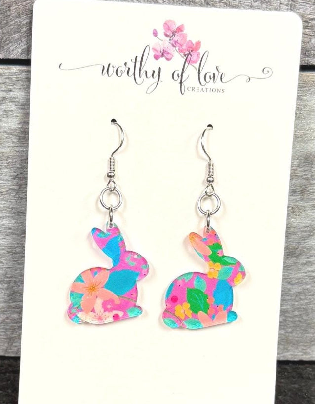 Floral Acrylic Bunny Earrings: Stainless Steel Easter Jewelry