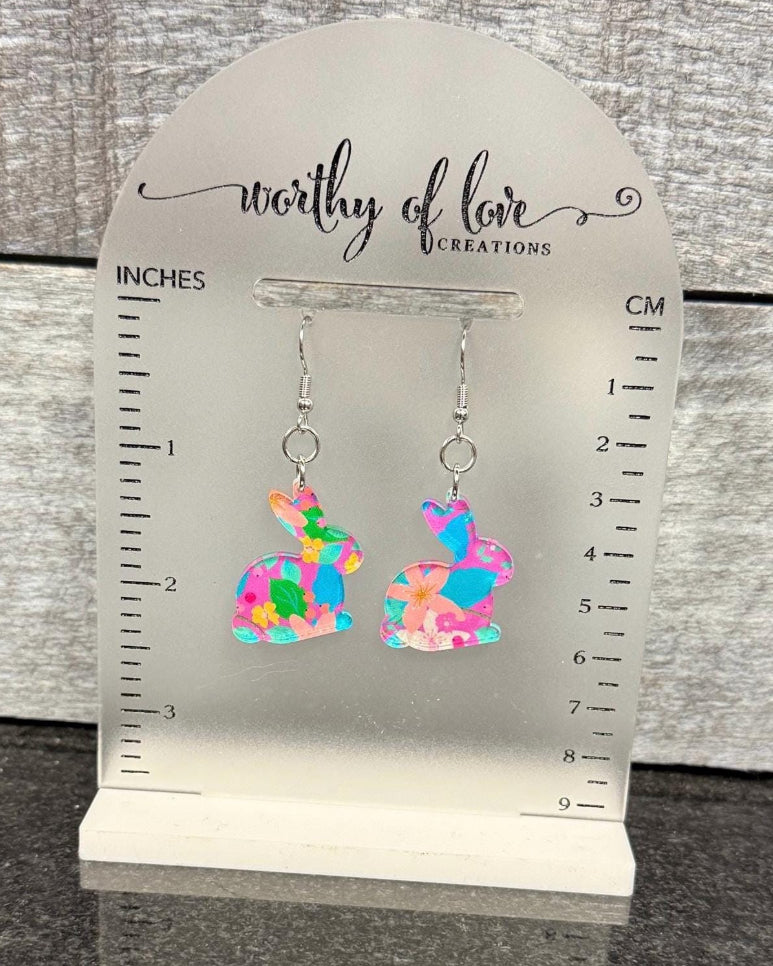 Floral Acrylic Bunny Earrings: Stainless Steel Easter Jewelry