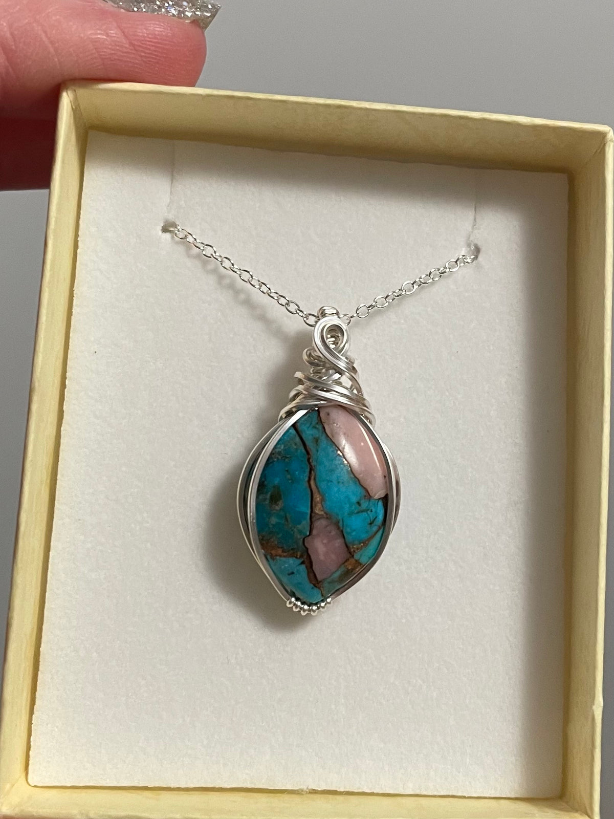 Kingman turquoise and pink Peruvian opal sterling silver wire wrapped pendant necklace